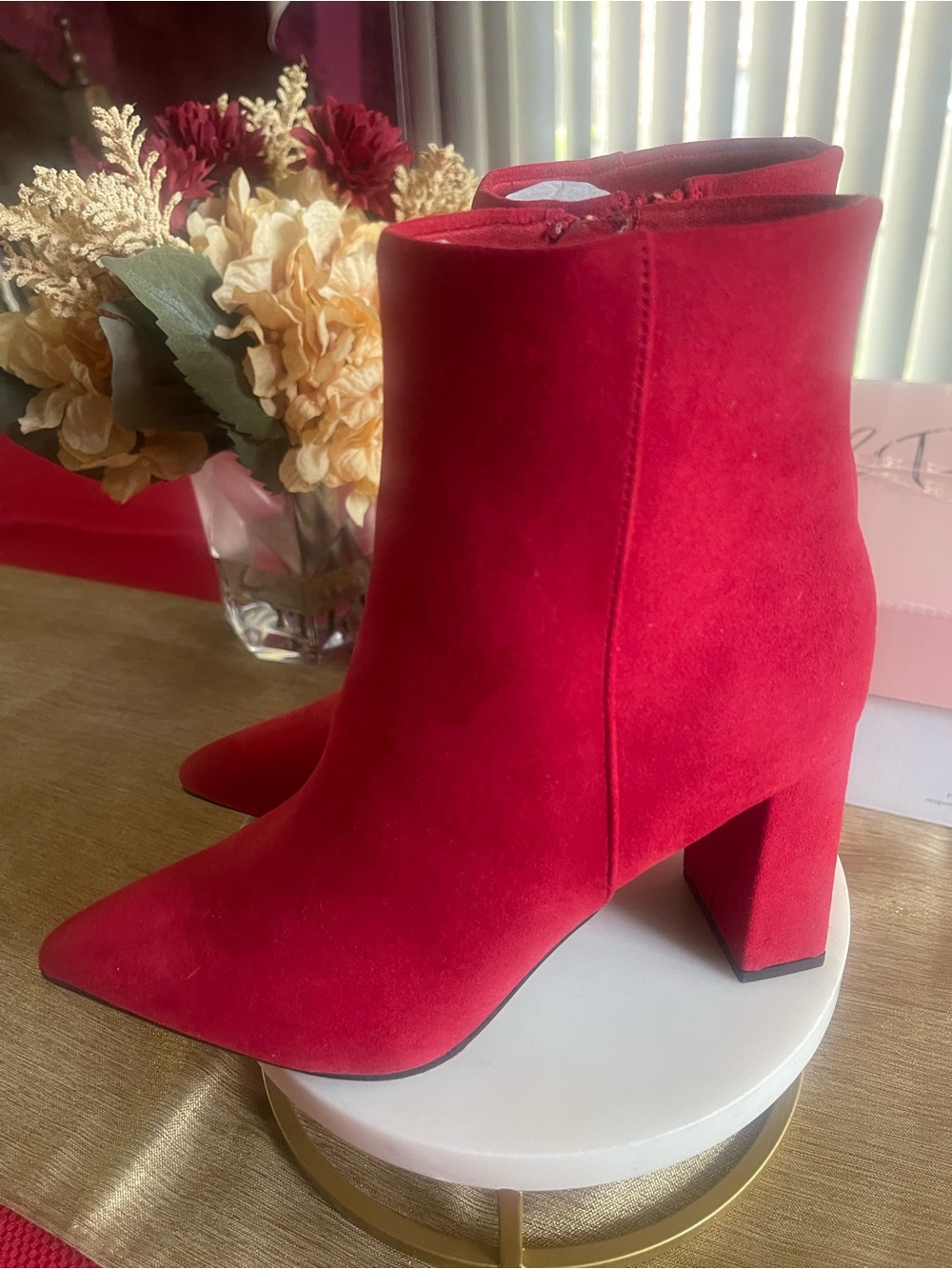 Wild Pair Red Suede Pointed Toe Ankle Booties